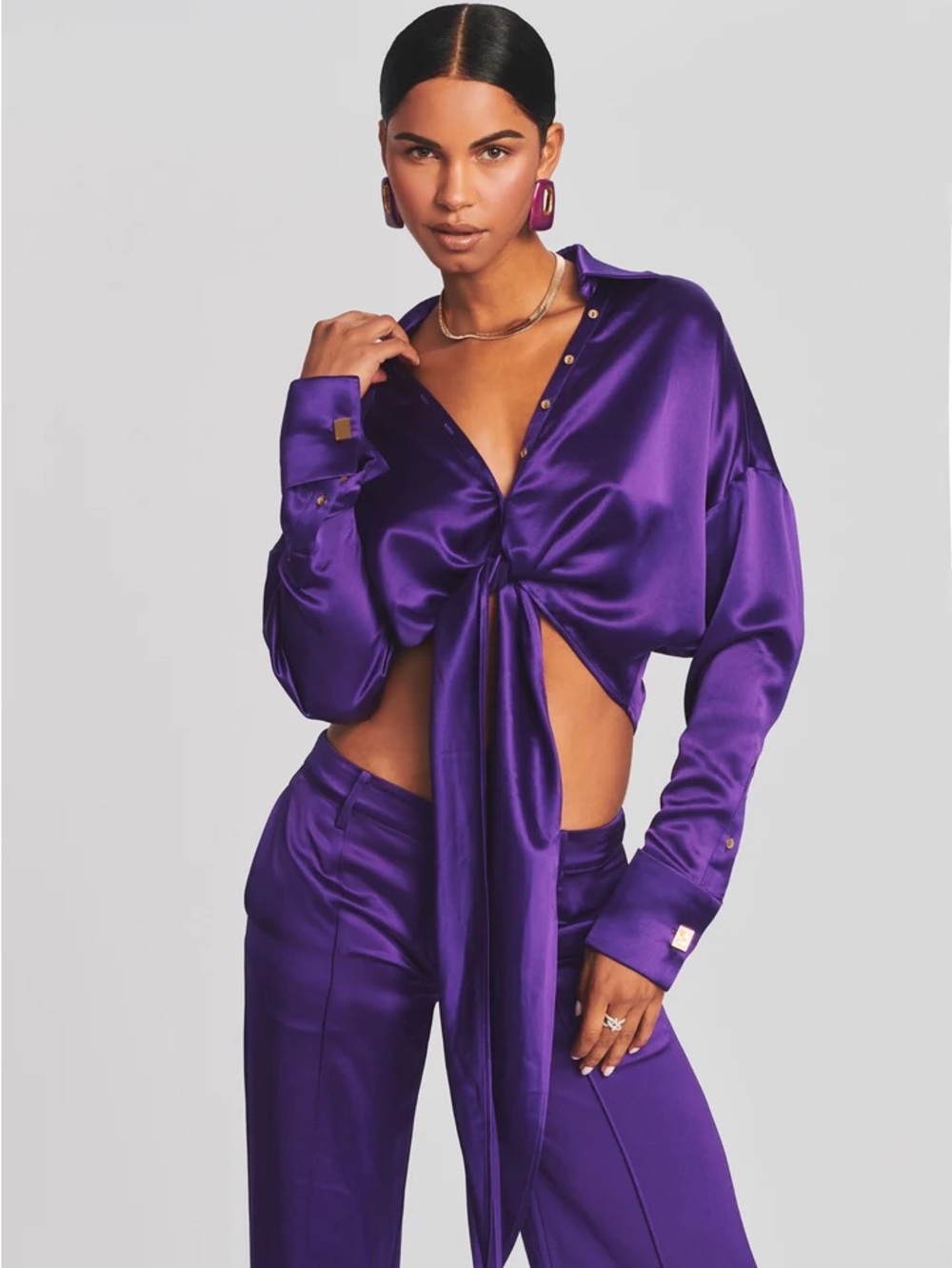 Retrofête Parker Shirt Royal Purple Silk Satin Tie Front Crop Top XS NWT